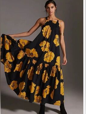 Sundry Black Maxi Dress with Bold Yellow Floral Print, Size Small